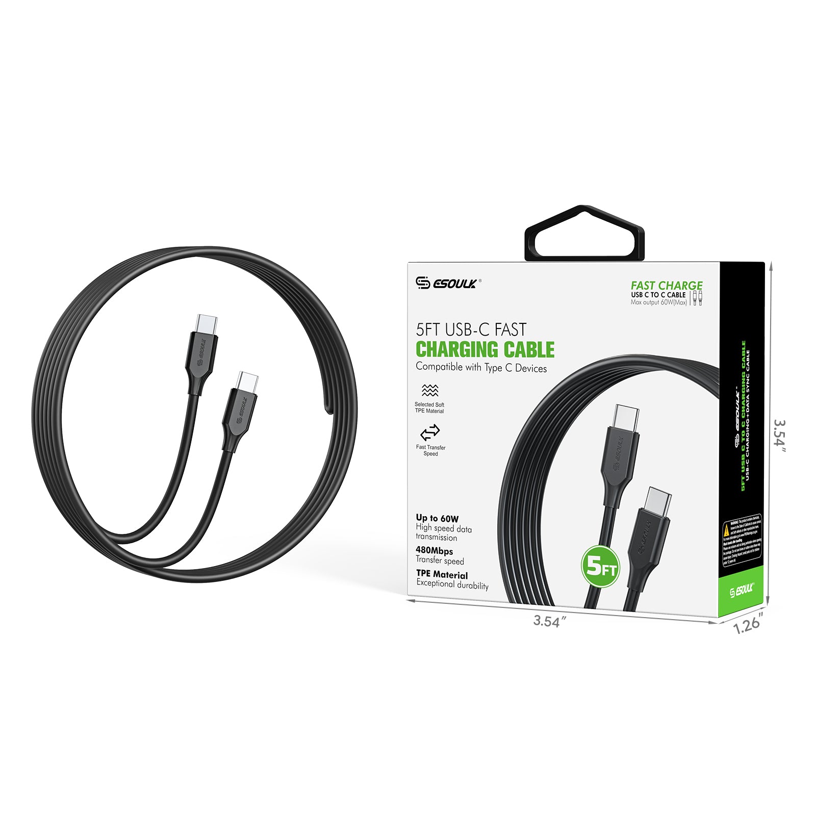 5Ft 60W USB-C Fast Charging Cable EK-1003BK